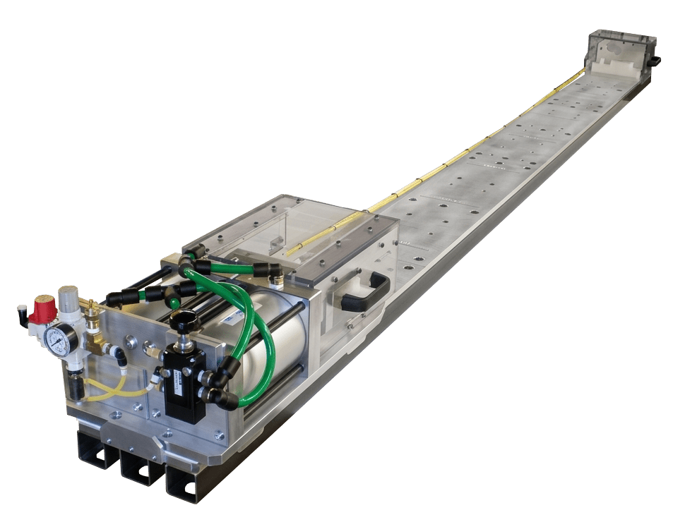 Custom designed horizontal pneumatic assembly press with adjustable end stop position.
